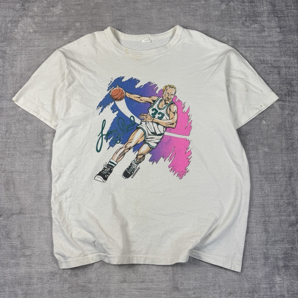 Vtg Larry Bird Shirt Mens XL White 80s‎ Ringer Neon Converse Shoe Promo Celtics